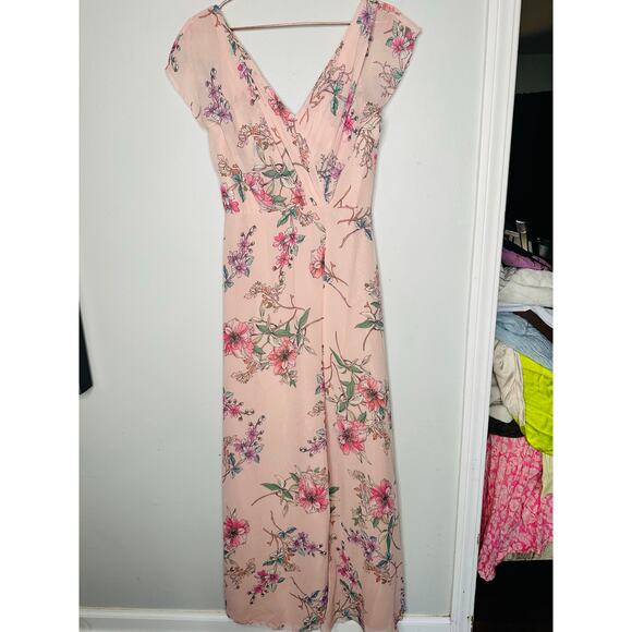 MONIQUE LHUILLIER Pink Floral Crepe Short Sleeve Floral Gwen Gown Size 6 - Picture 5 of 14
